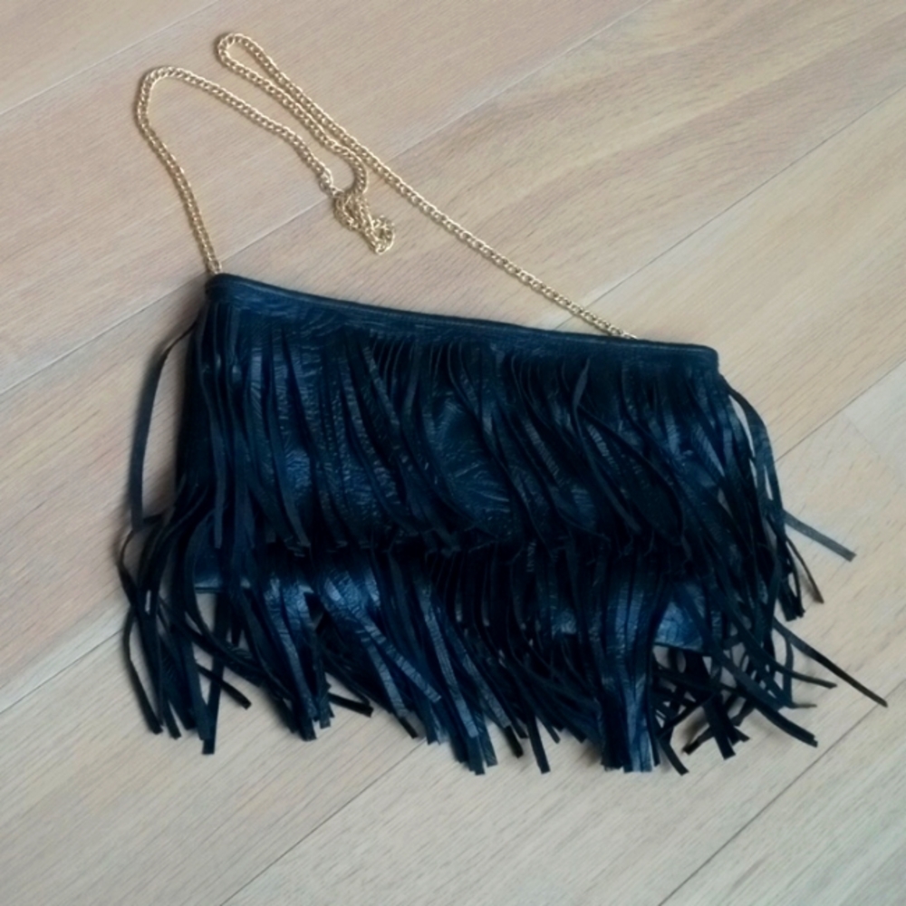 Beautiful leather black fringe bag by Posse New York